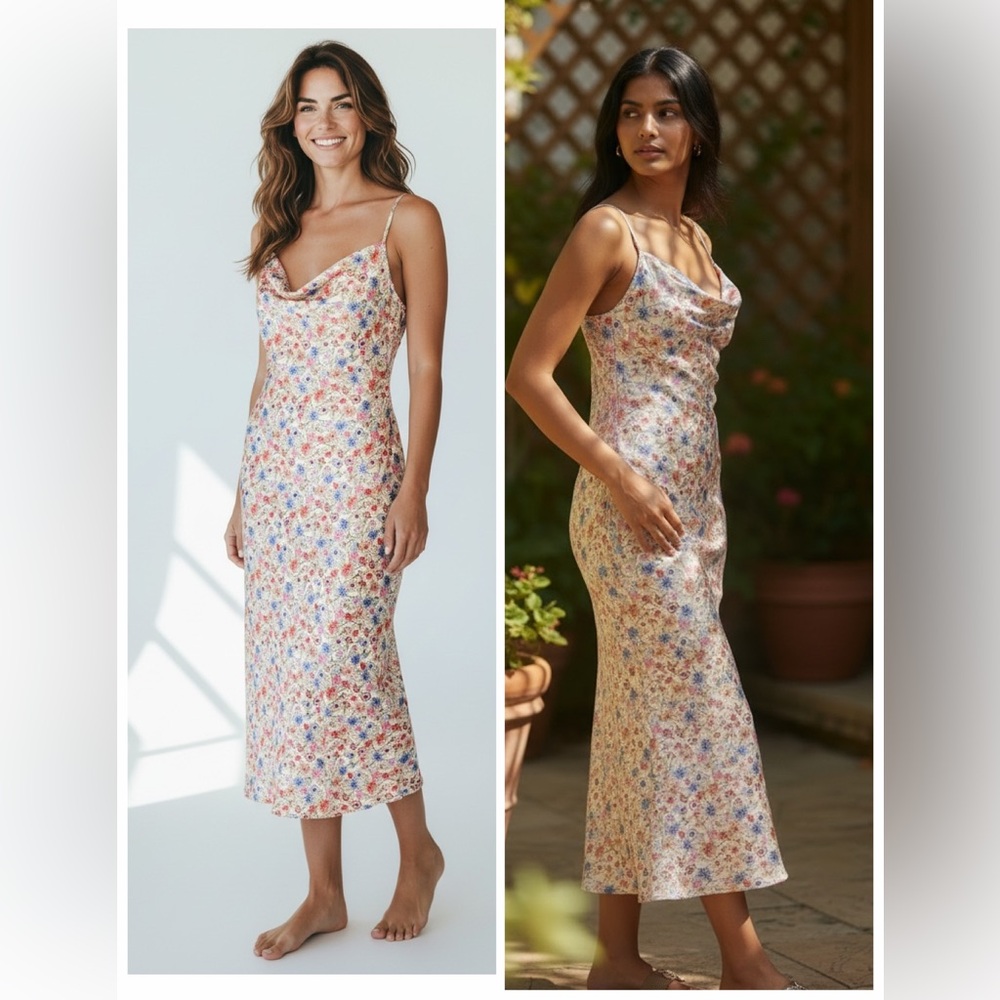 bebe Satin Floral Cowl Neckline Spaghetti straps Light Midi Dress Sz L